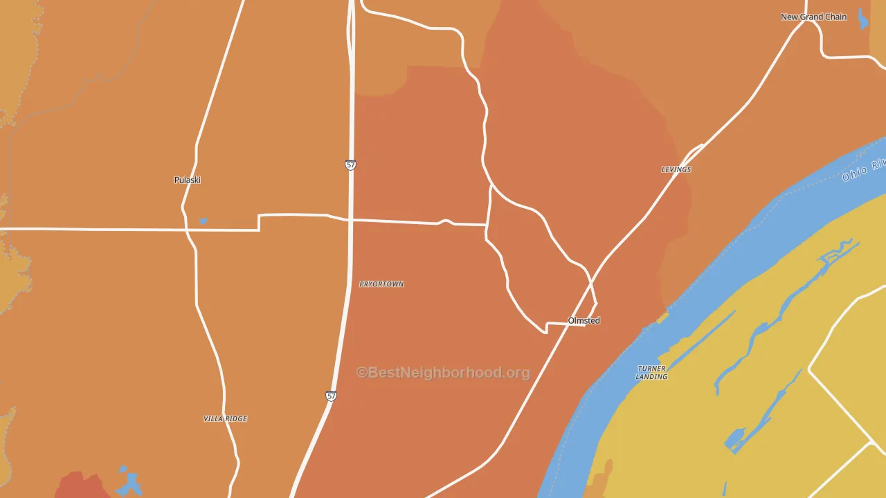 Map of the best neighborhoods in the Pulaski County area, with better matches in green and worse matches in red