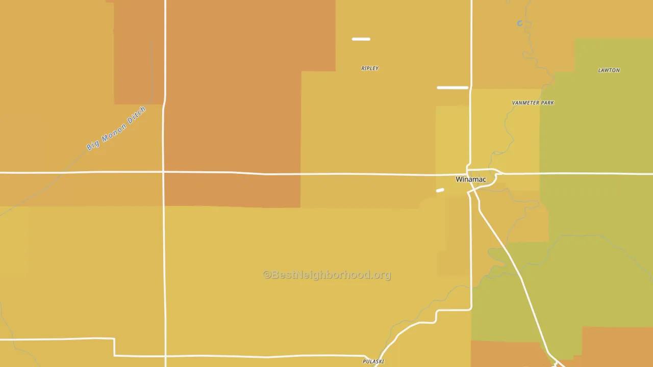 Map of the best neighborhoods in the Pulaski County area, with better matches in green and worse matches in red