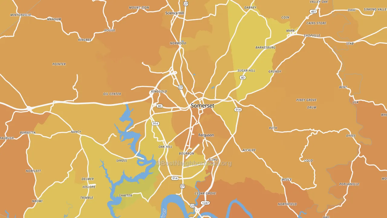 Map of the best neighborhoods in the Pulaski County area, with better matches in green and worse matches in red