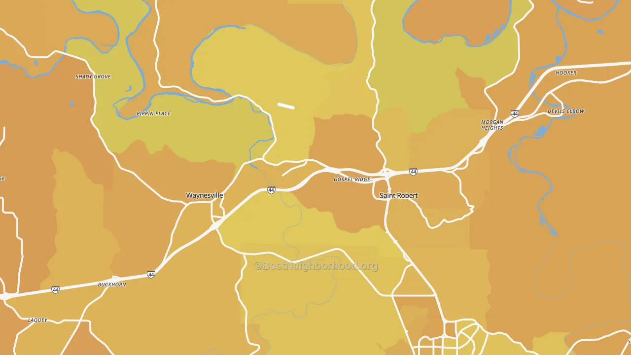 Map of the best neighborhoods in the Pulaski County area, with better matches in green and worse matches in red