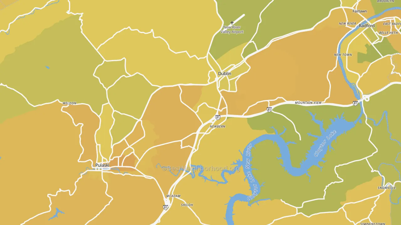 Map of the best neighborhoods in the Pulaski County area, with better matches in green and worse matches in red