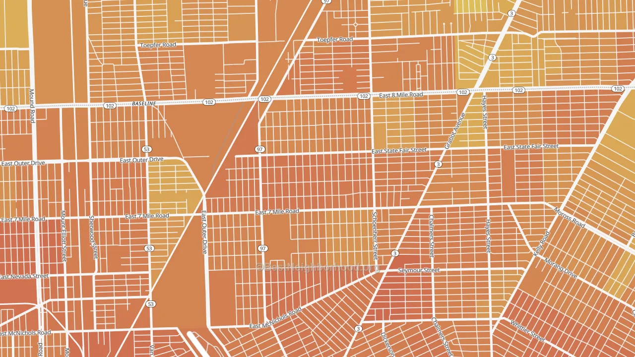 Map of the best neighborhoods in the Pulaski, Detroit area, with better matches in green and worse matches in red
