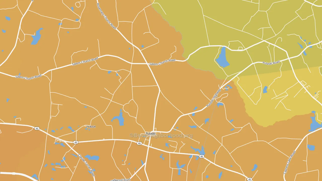 Map of the best neighborhoods in the Pulaski area, with better matches in green and worse matches in red