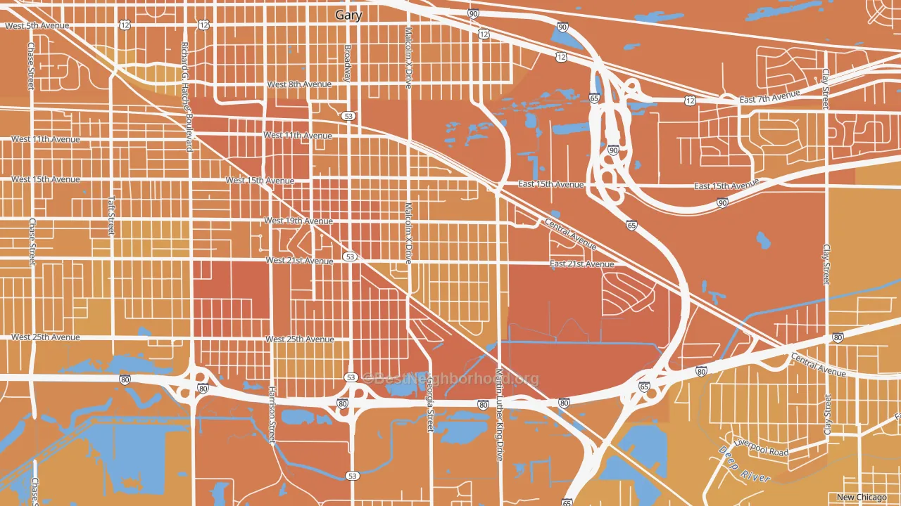 Map of the best neighborhoods in the Pulaski, Gary area, with better matches in green and worse matches in red