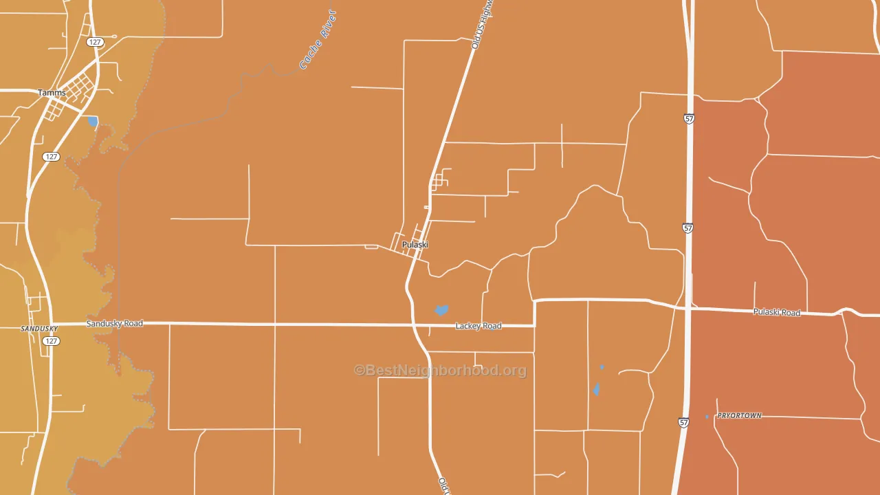 Map of the best neighborhoods in the Pulaski area, with better matches in green and worse matches in red
