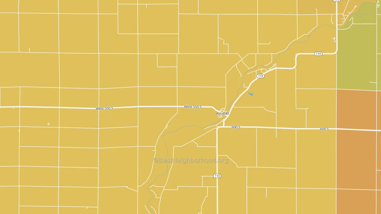 Map of the best neighborhoods in the Pulaski area, with better matches in green and worse matches in red