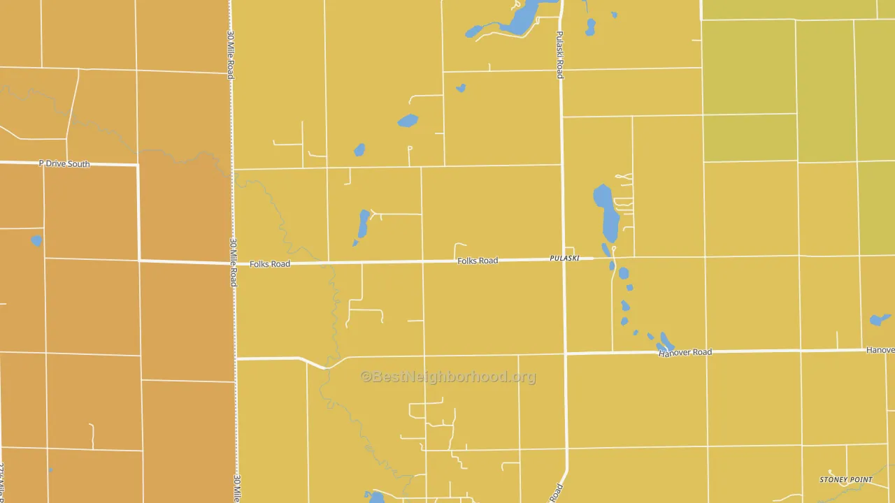 Map of the best neighborhoods in the Pulaski area, with better matches in green and worse matches in red