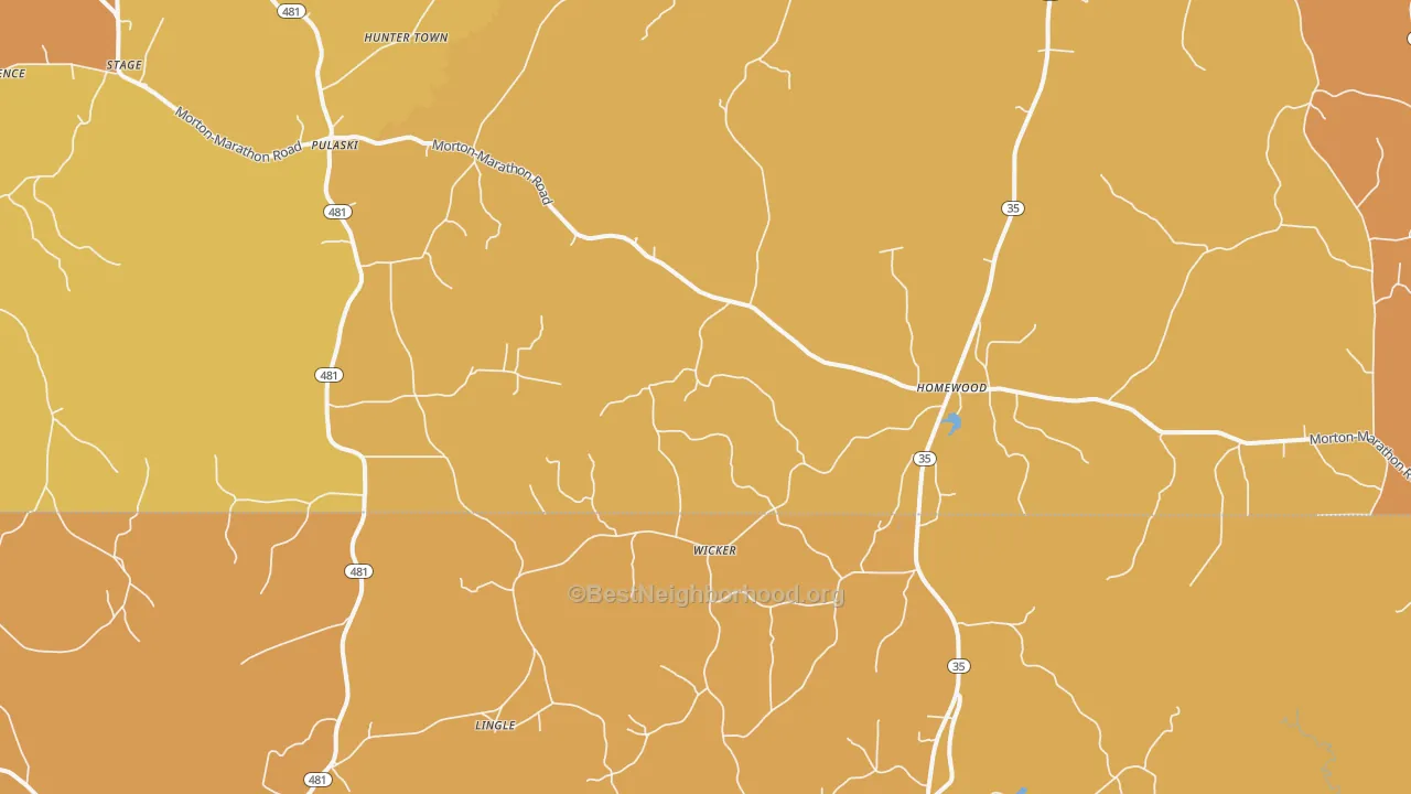 Map of the best neighborhoods in the Pulaski area, with better matches in green and worse matches in red
