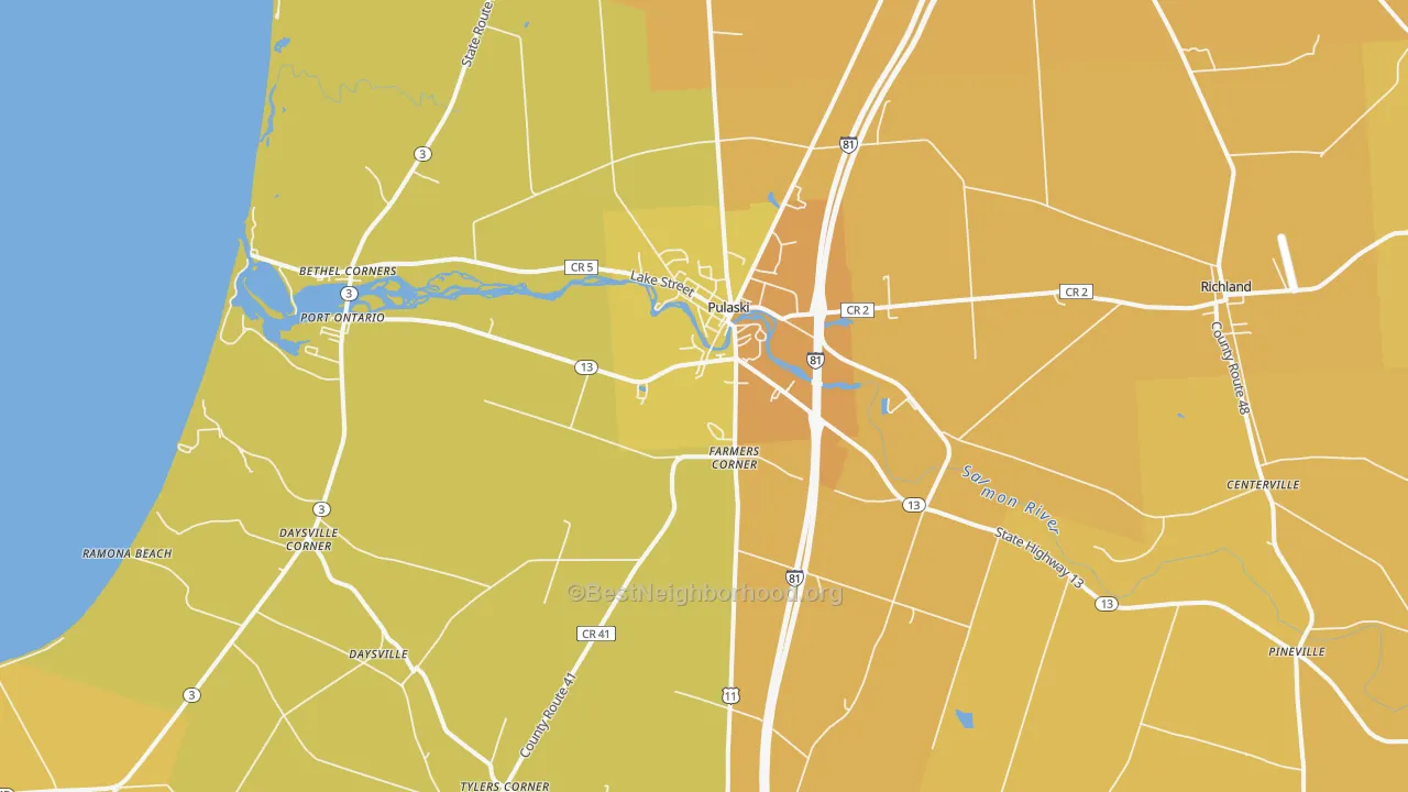 Map of the best neighborhoods in the Pulaski area, with better matches in green and worse matches in red