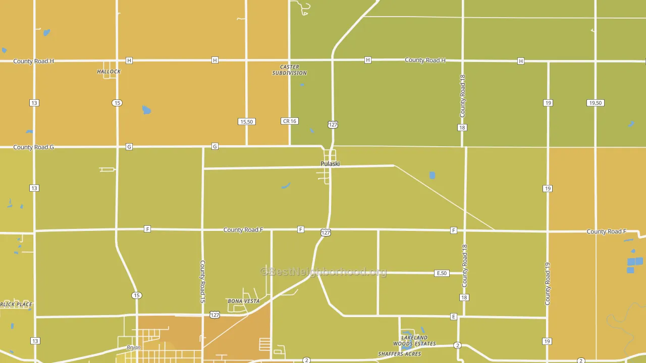 Map of the best neighborhoods in the Pulaski area, with better matches in green and worse matches in red