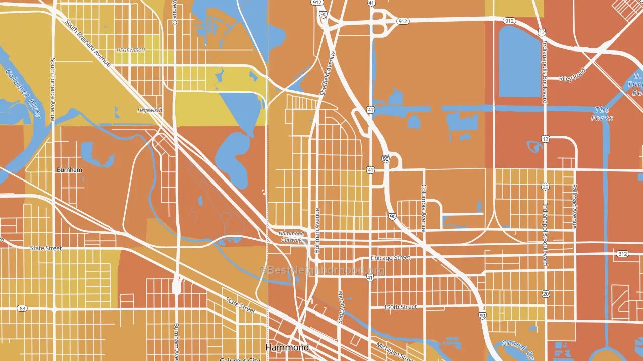 Map of the best neighborhoods in the Pulaski Park, Hammond area, with better matches in green and worse matches in red