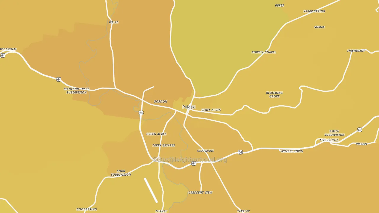Map of the best neighborhoods in the Pulaski area, with better matches in green and worse matches in red