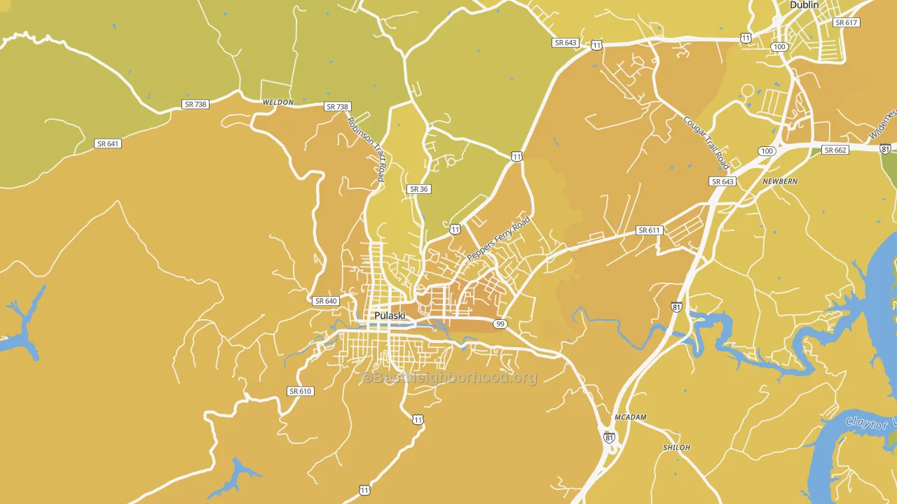Map of the best neighborhoods in the Pulaski area, with better matches in green and worse matches in red
