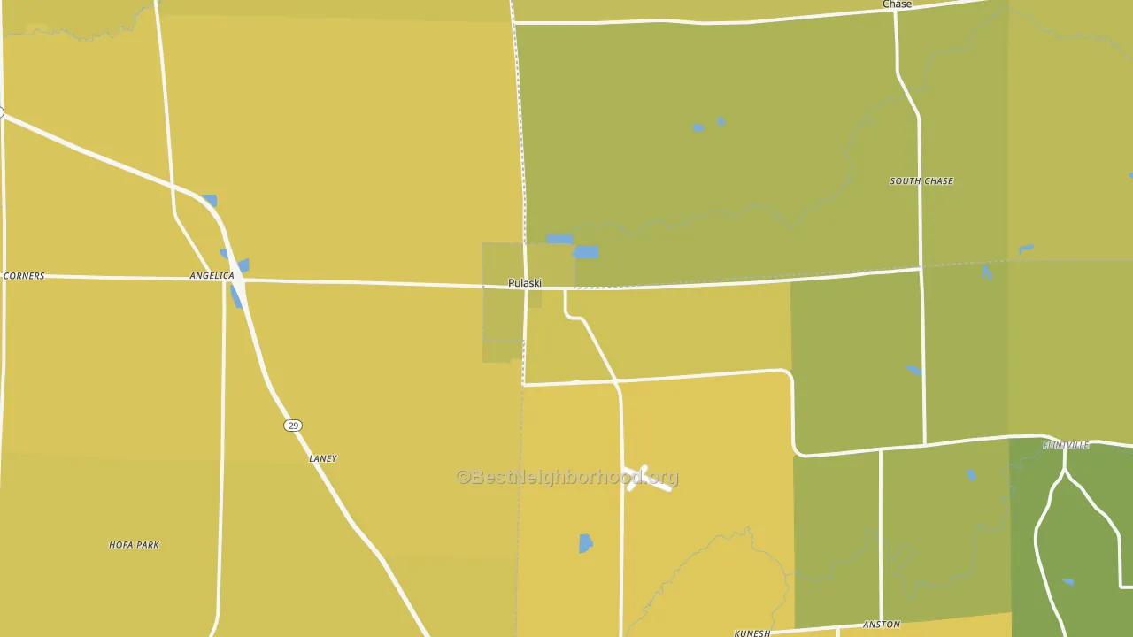 Map of the best neighborhoods in the Pulaski area, with better matches in green and worse matches in red