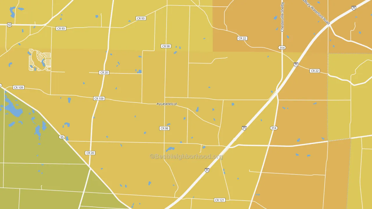 Map of the best neighborhoods in the Pulaskiville area, with better matches in green and worse matches in red