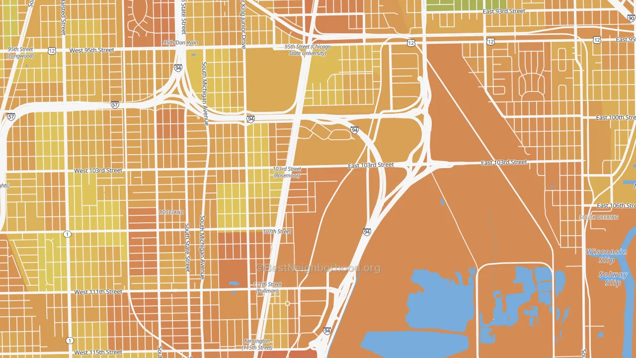Map of the best neighborhoods in the Pullman, Chicago area, with better matches in green and worse matches in red