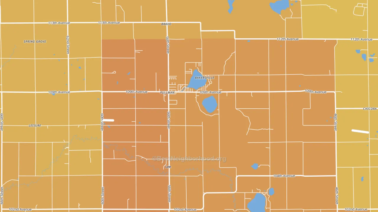 Map of the best neighborhoods in the Pullman area, with better matches in green and worse matches in red