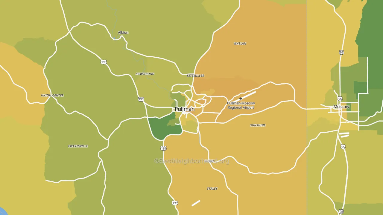 Map of the best neighborhoods in the Pullman area, with better matches in green and worse matches in red