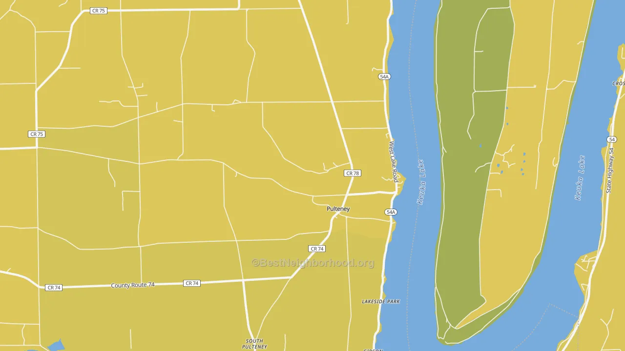 Map of the best neighborhoods in the Pulteney area, with better matches in green and worse matches in red