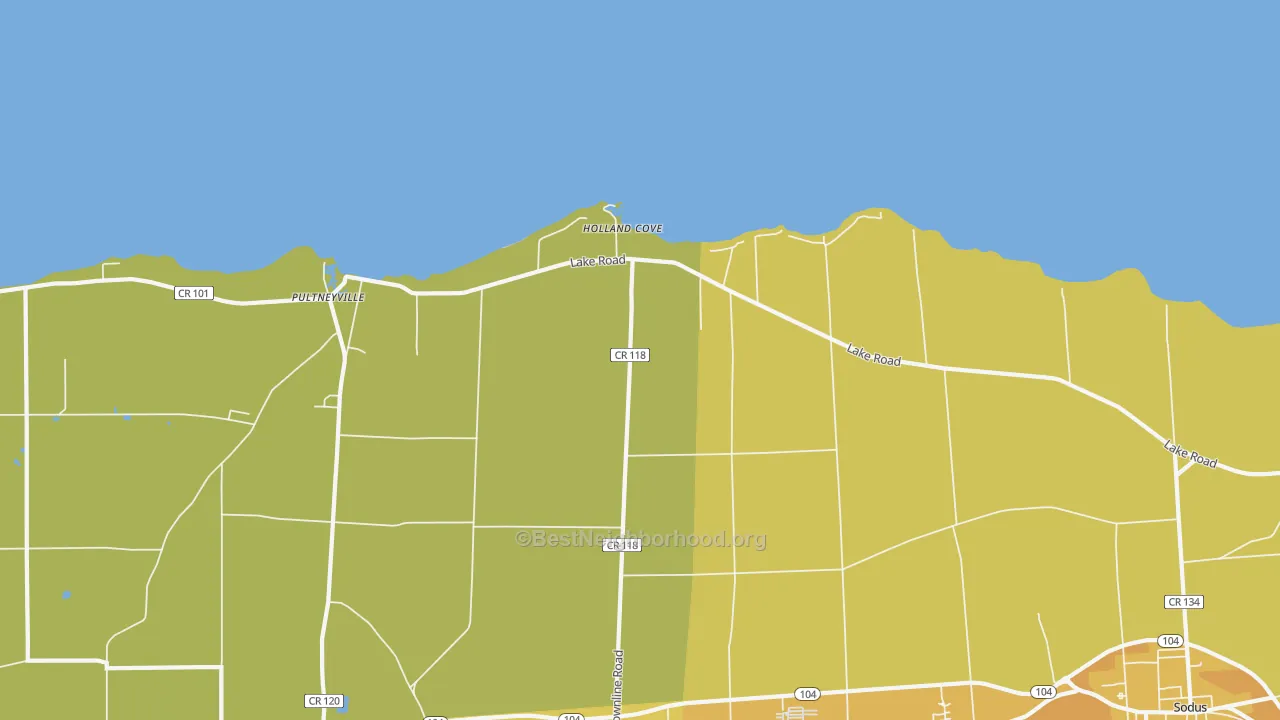 Map of the best neighborhoods in the Pultneyville area, with better matches in green and worse matches in red