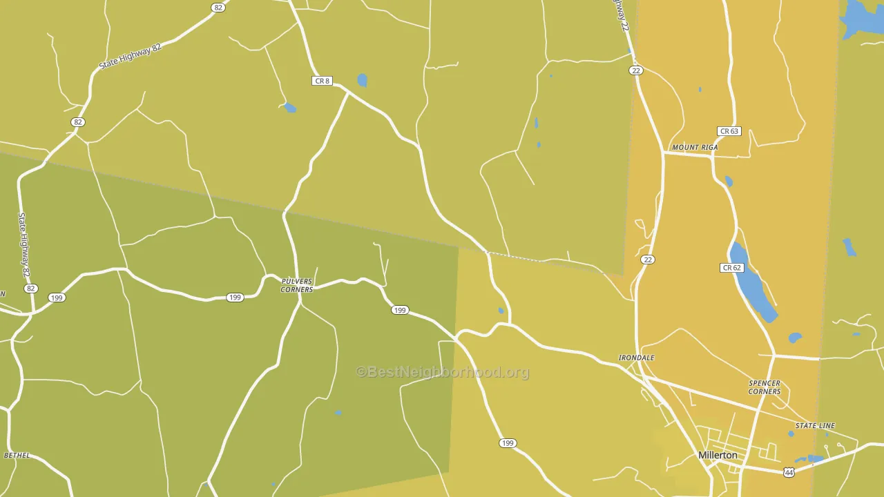 Map of the best neighborhoods in the Pulvers Corners area, with better matches in green and worse matches in red