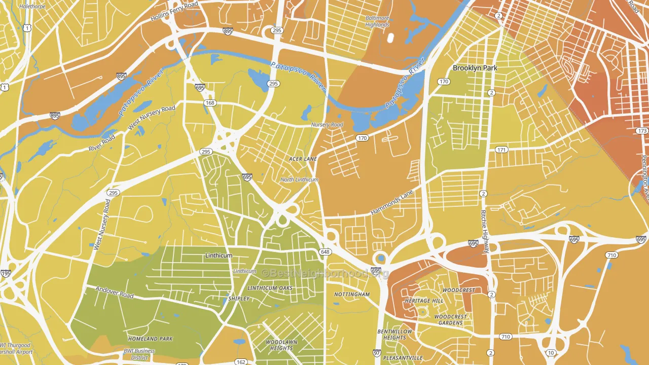 Map of the best neighborhoods in the Pumphrey, Linthicum area, with better matches in green and worse matches in red