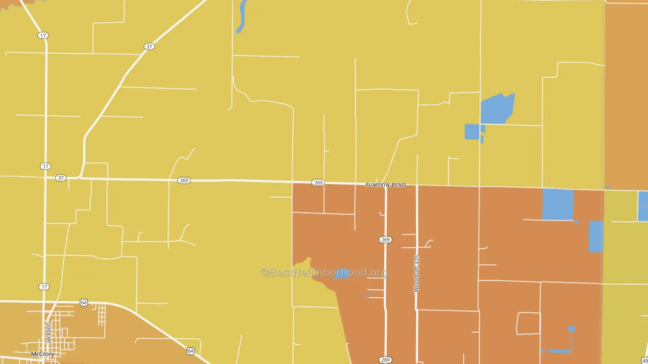 Map of the best neighborhoods in the Pumpkin Bend area, with better matches in green and worse matches in red