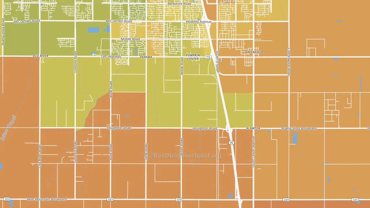 Map of the best neighborhoods in the Pumpkin Center area, with better matches in green and worse matches in red