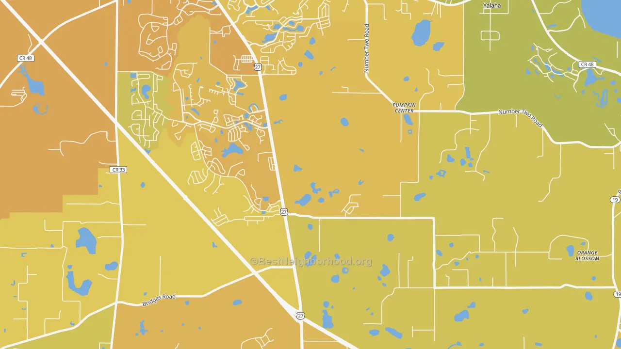 Map of the best neighborhoods in the Pumpkin Center area, with better matches in green and worse matches in red