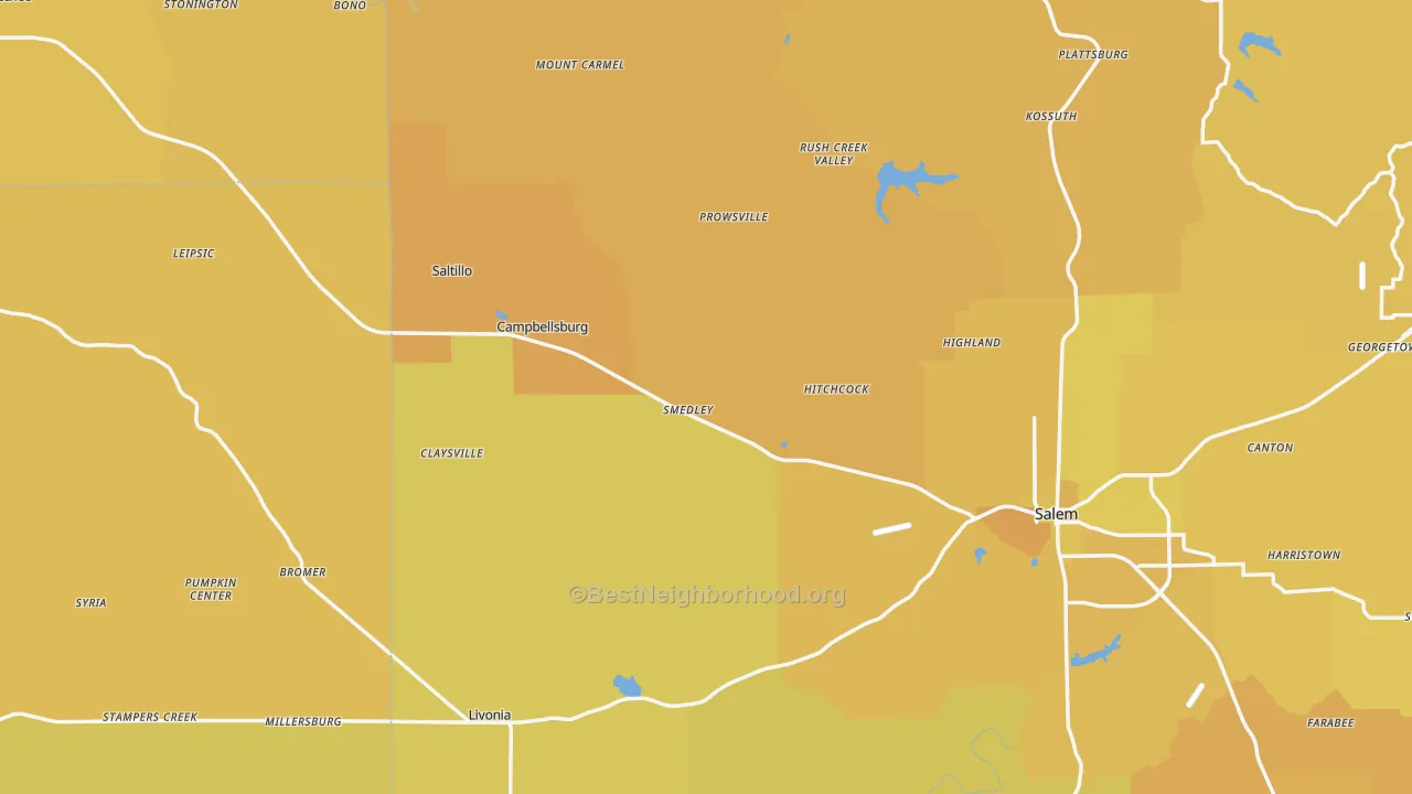 Map of the best neighborhoods in the Pumpkin Center area, with better matches in green and worse matches in red