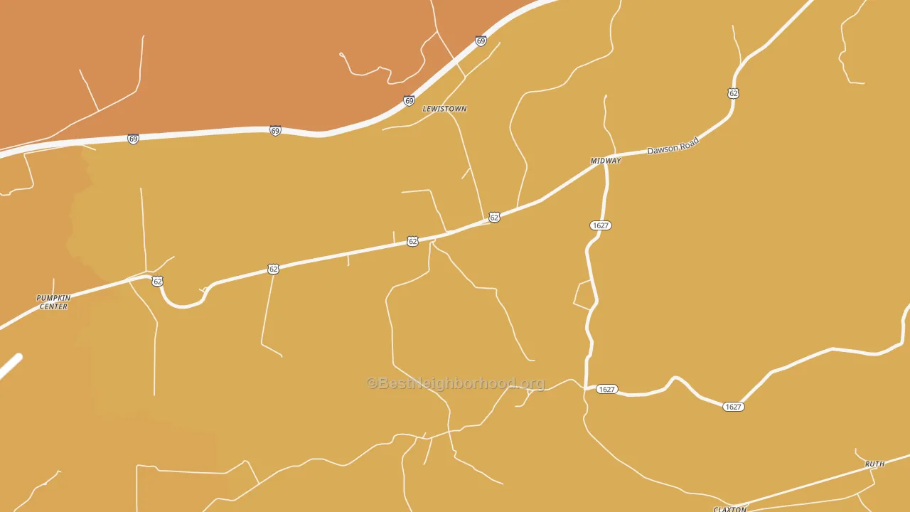 Map of the best neighborhoods in the Pumpkin Center area, with better matches in green and worse matches in red