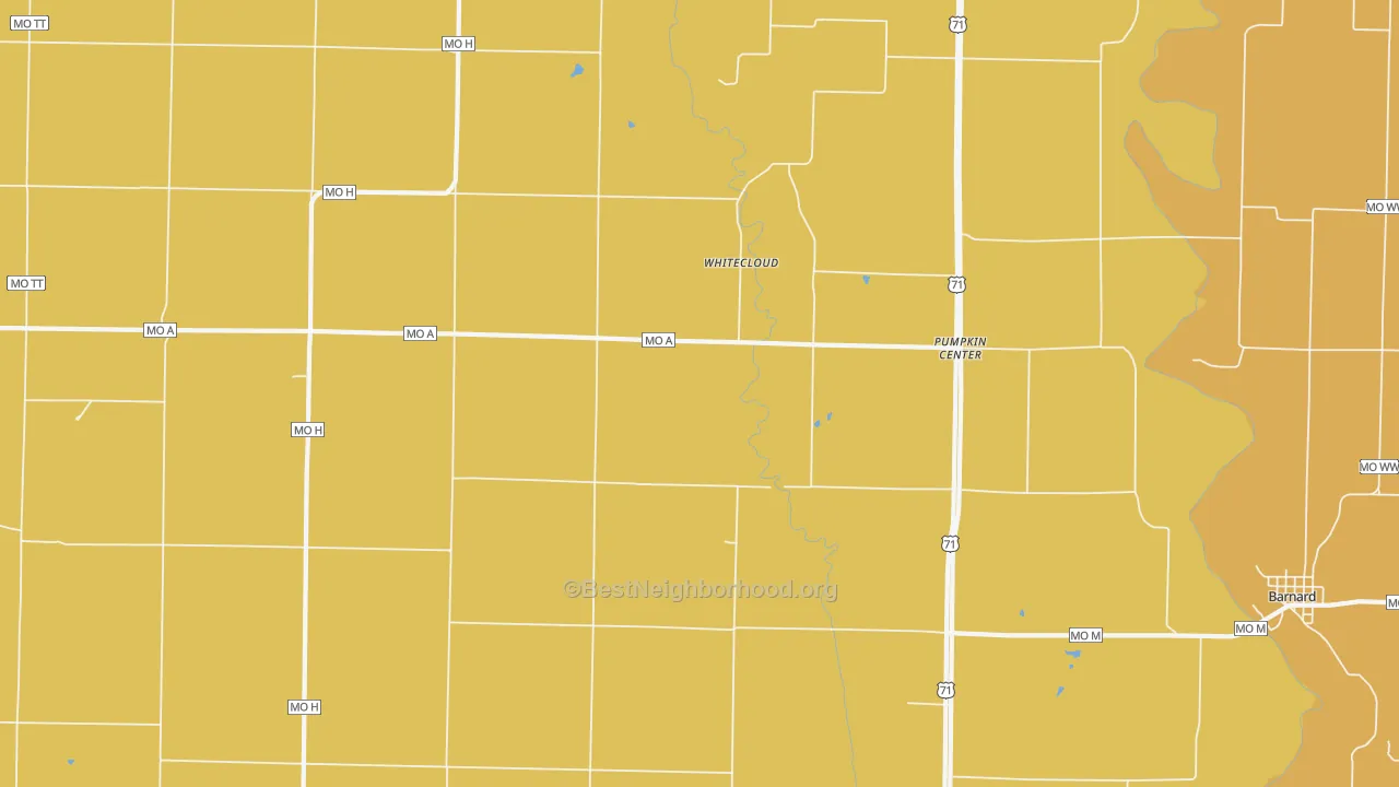 Map of the best neighborhoods in the Pumpkin Center area, with better matches in green and worse matches in red
