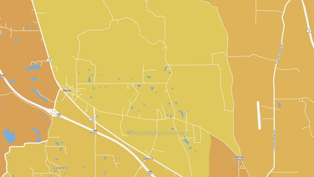 Map of the best neighborhoods in the Pumpkin Center area, with better matches in green and worse matches in red