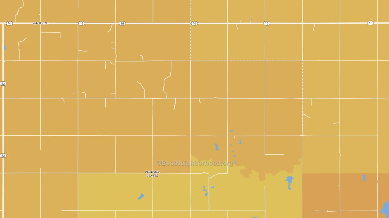 Map of the best neighborhoods in the Pumpkin Center area, with better matches in green and worse matches in red
