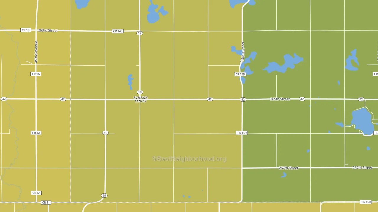 Map of the best neighborhoods in the Pumpkin Center area, with better matches in green and worse matches in red