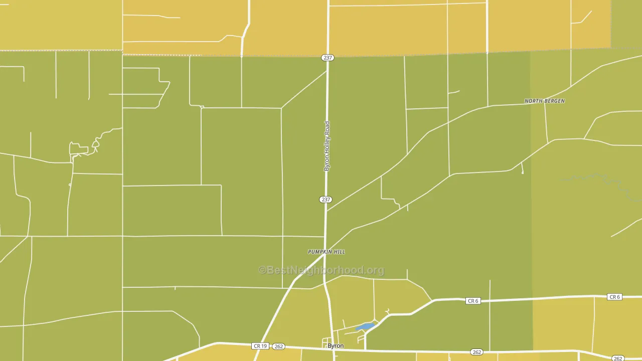 Map of the best neighborhoods in the Pumpkin Hill area, with better matches in green and worse matches in red