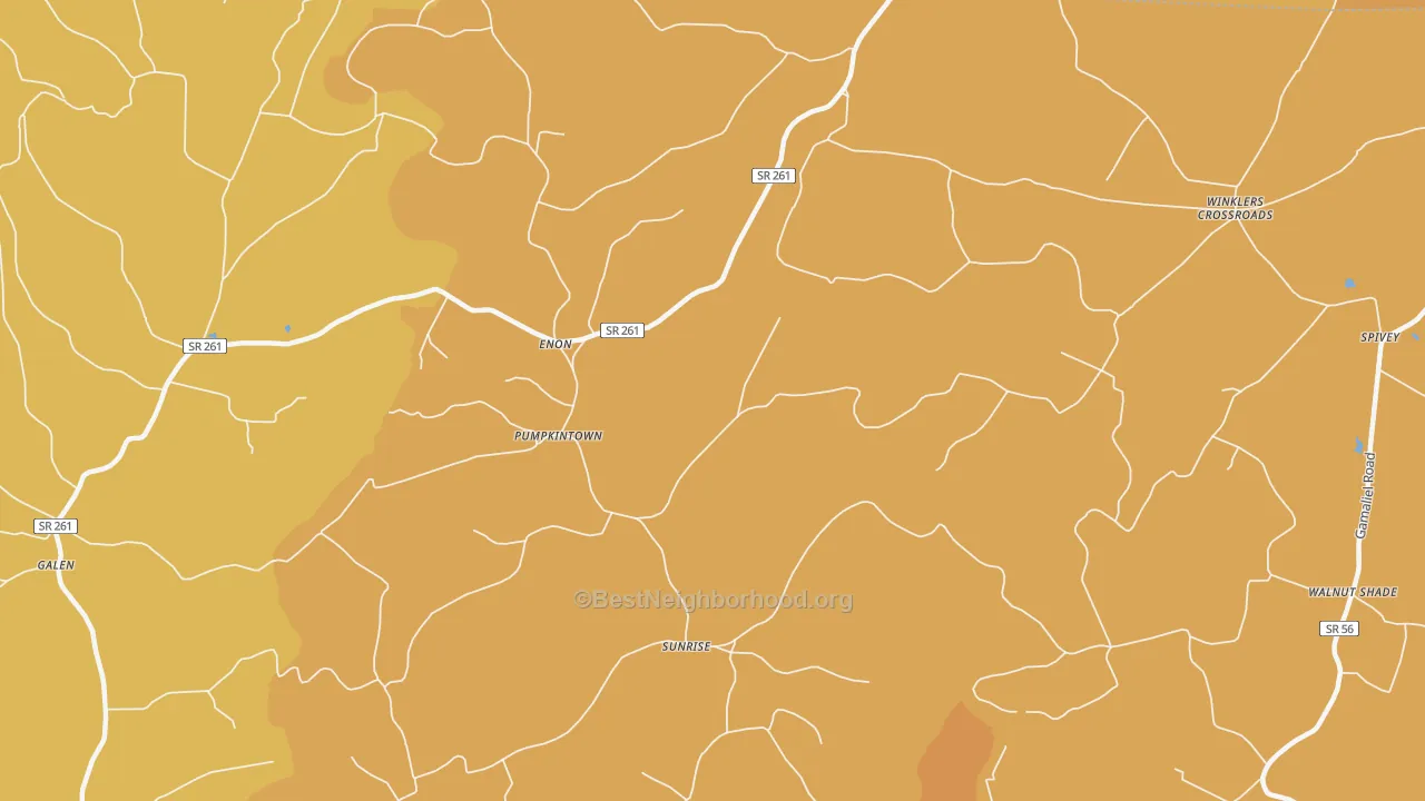 Map of the best neighborhoods in the Pumpkintown area, with better matches in green and worse matches in red