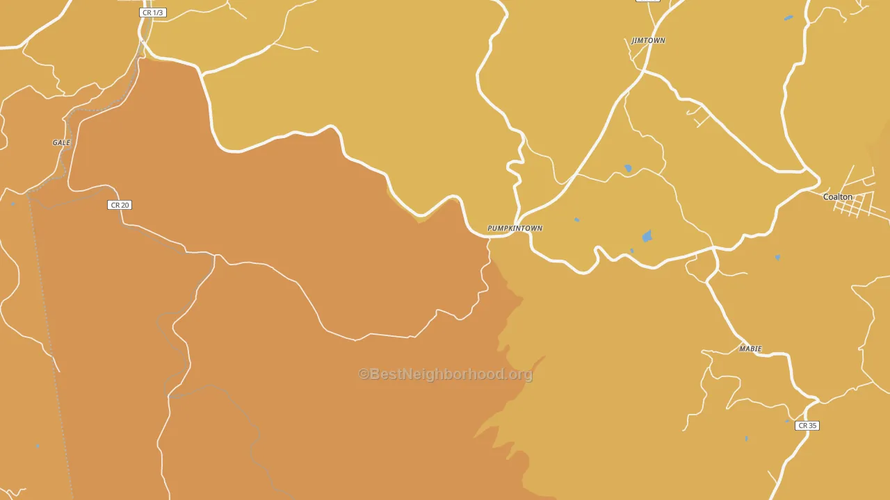 Map of the best neighborhoods in the Pumpkintown area, with better matches in green and worse matches in red