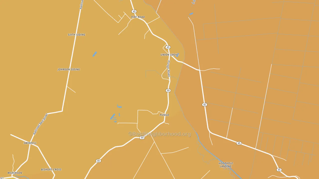 Map of the best neighborhoods in the Pungo area, with better matches in green and worse matches in red