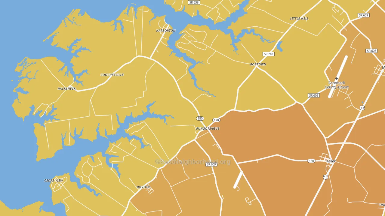 Map of the best neighborhoods in the Pungoteague area, with better matches in green and worse matches in red