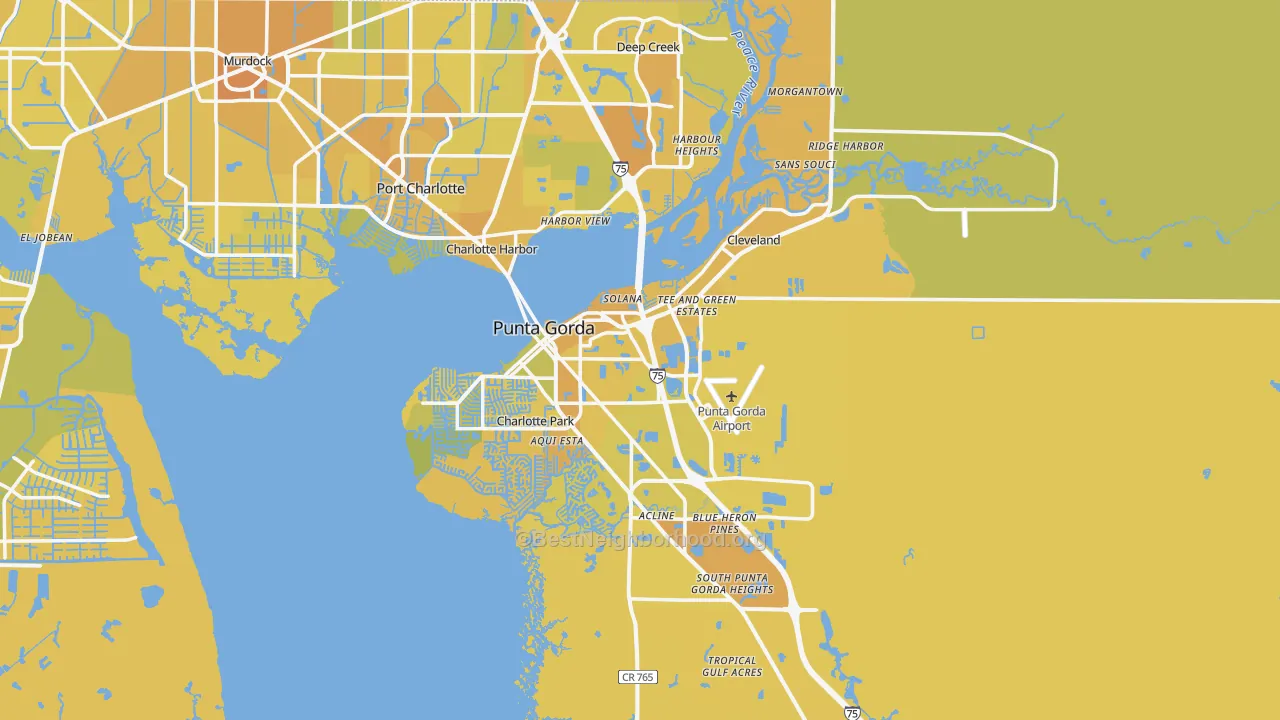 Map of the best neighborhoods in the Punta Gorda Metro area, with better matches in green and worse matches in red