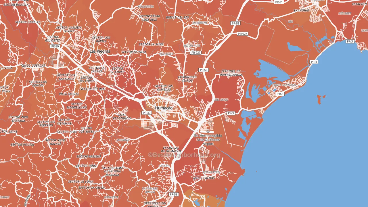 Map of the best neighborhoods in the Punta Santiago area, with better matches in green and worse matches in red