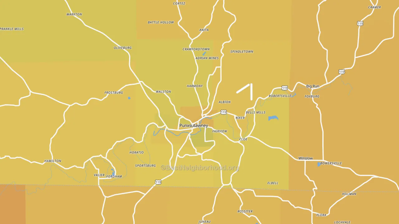 Map of the best neighborhoods in the Punxsutawney area, with better matches in green and worse matches in red