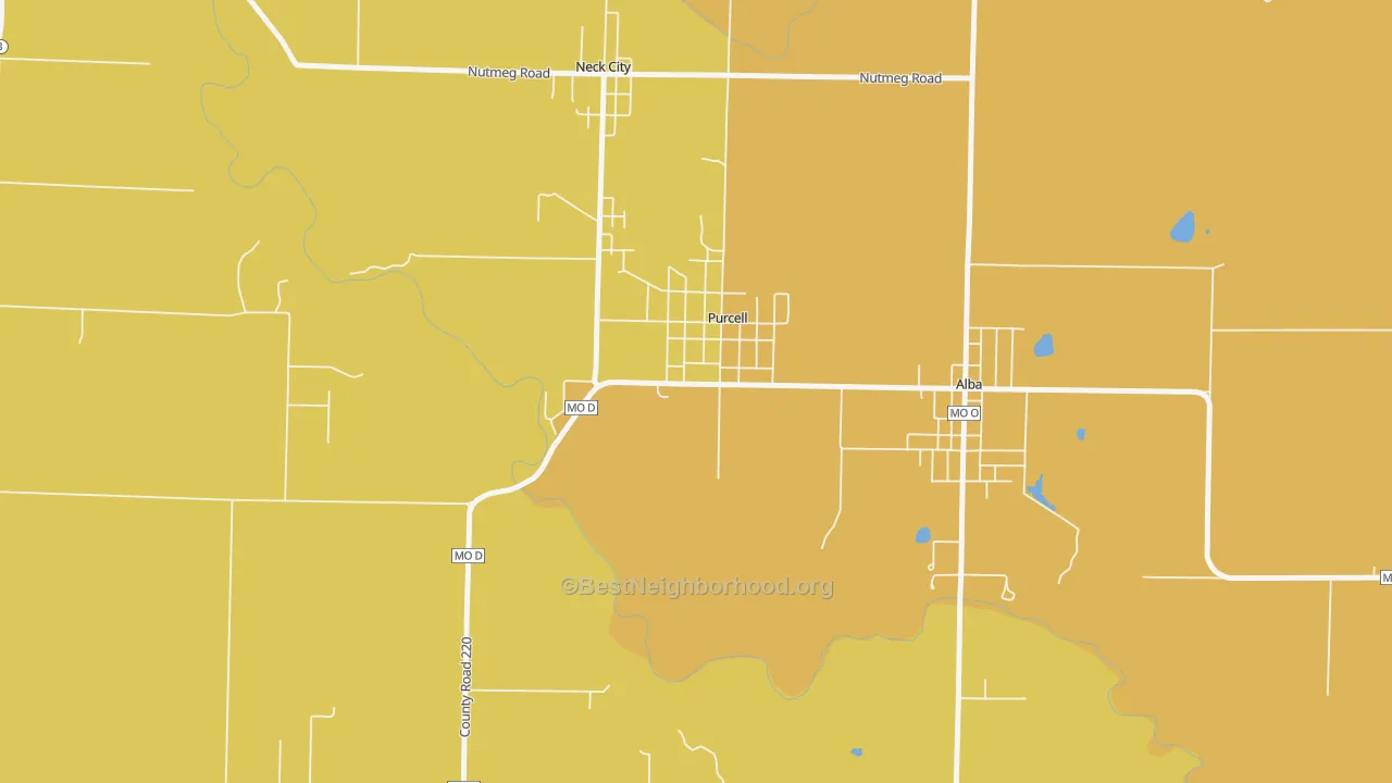 Map of the best neighborhoods in the Purcell area, with better matches in green and worse matches in red