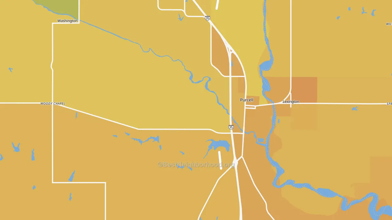 Map of the best neighborhoods in the Purcell area, with better matches in green and worse matches in red