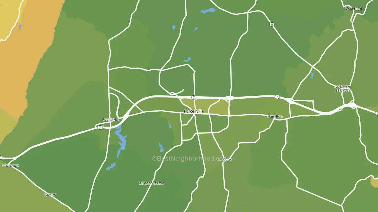 Map of the best neighborhoods in the Purcellville area, with better matches in green and worse matches in red