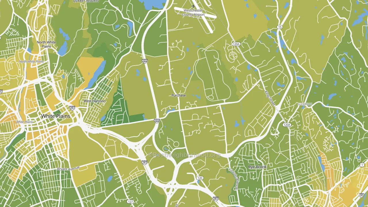 Map of the best neighborhoods in the Purchase area, with better matches in green and worse matches in red