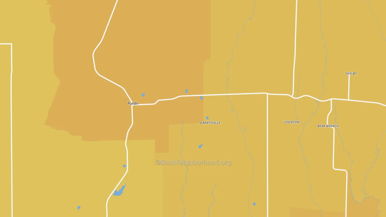 Map of the best neighborhoods in the Purdin area, with better matches in green and worse matches in red