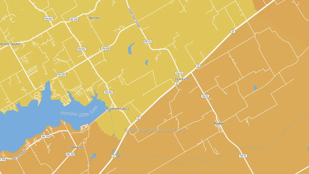 Map of the best neighborhoods in the Purdon area, with better matches in green and worse matches in red