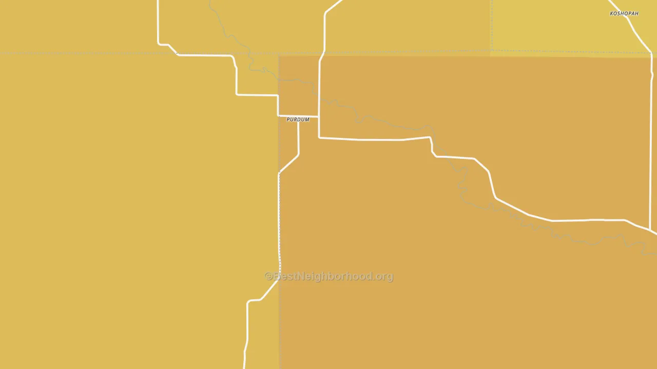 Map of the best neighborhoods in the Purdum area, with better matches in green and worse matches in red